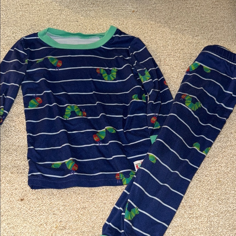 Striped Navy Kids Pajama Set with Caterpillar Print